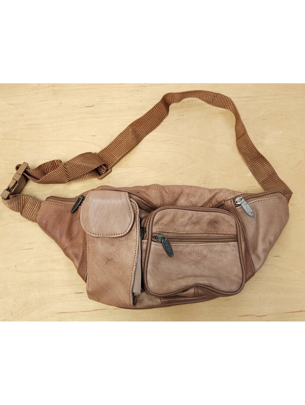 Vintage TINDER Brown Leather Fanny Pack Waist Bag Multi Pocket Utility Travel